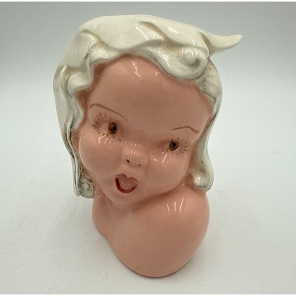 Vintage Retro Ceramic Girl Figurine Planter With White Hair & Pink Cheeks - Picture 1 of 7
